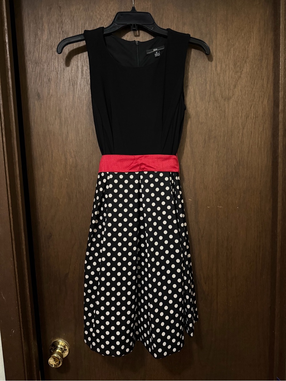 R&K Black & White Polka Dot Midi Dress with Red Waistband